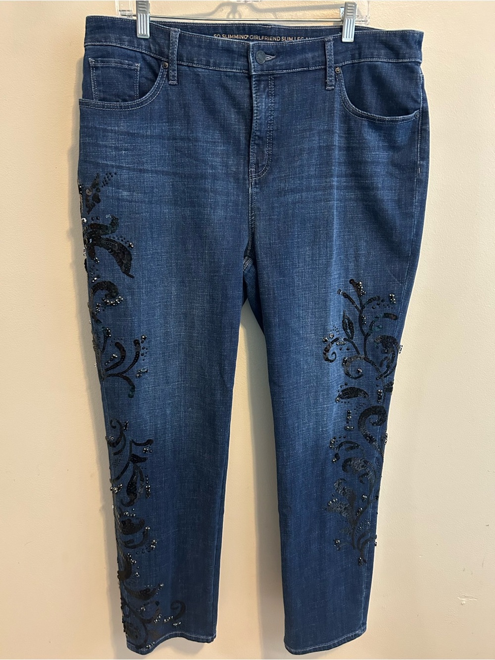 Chicos So Slimming Girlfriend Slim Leg Jeans Womens 16R Blue Embroidered Beaded
